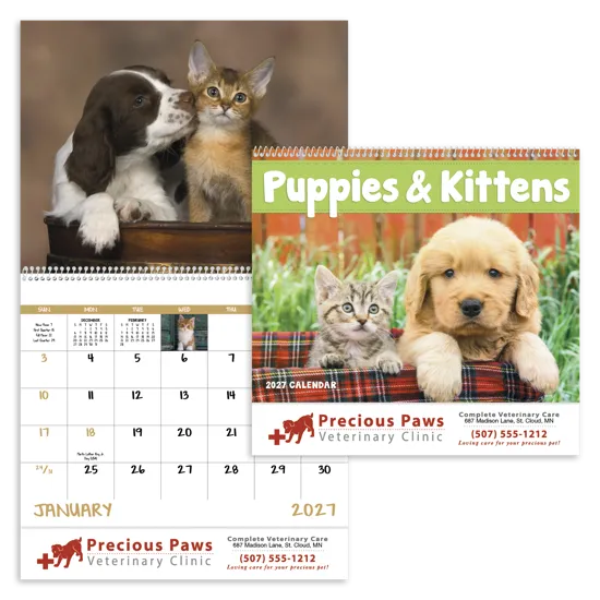 Puppies & Kittens Spiral Wall Calendar FSC Paper - 18.5 x 11 in