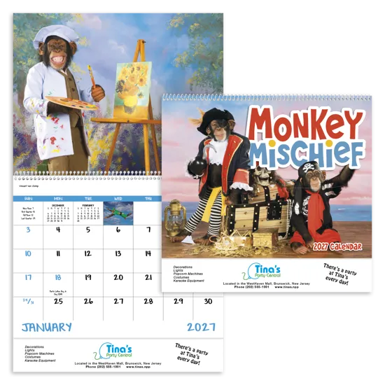 Monkey Humor Spiral Wall Calendar FSC Paper - 18.5 x 11 in