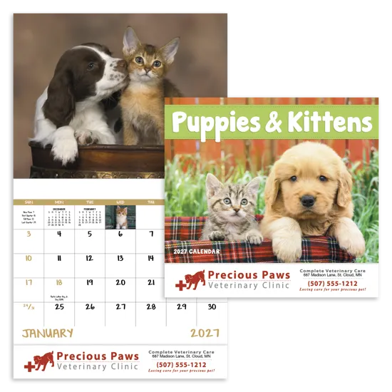 Puppies & Kittens Wall Calendar Stapled FSC Paper - 19 x 11 in