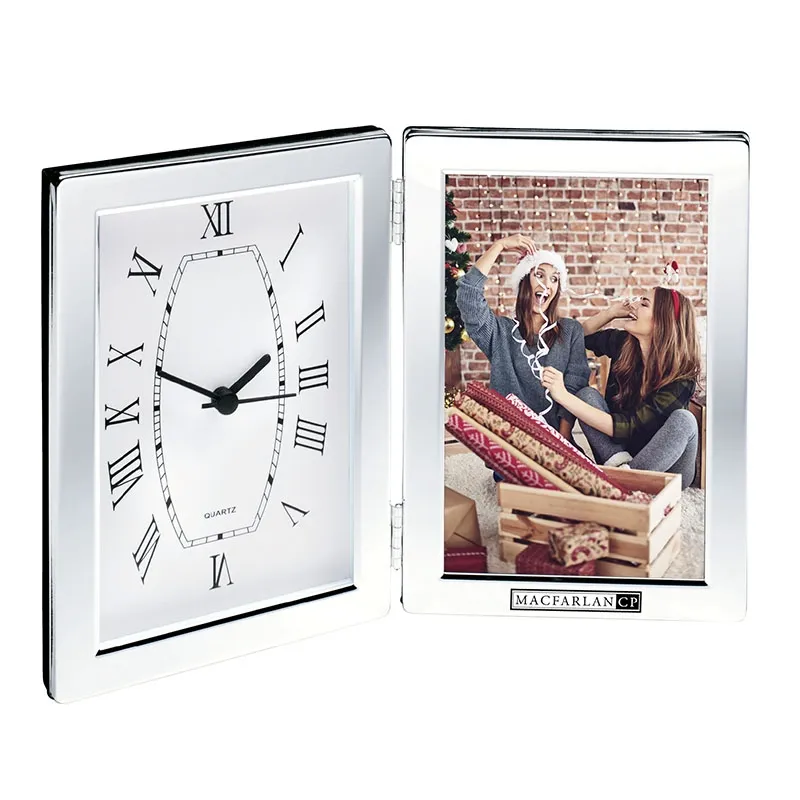 Desk Clock Photo Frame Roman Numeral Silver - 4 x 6 in