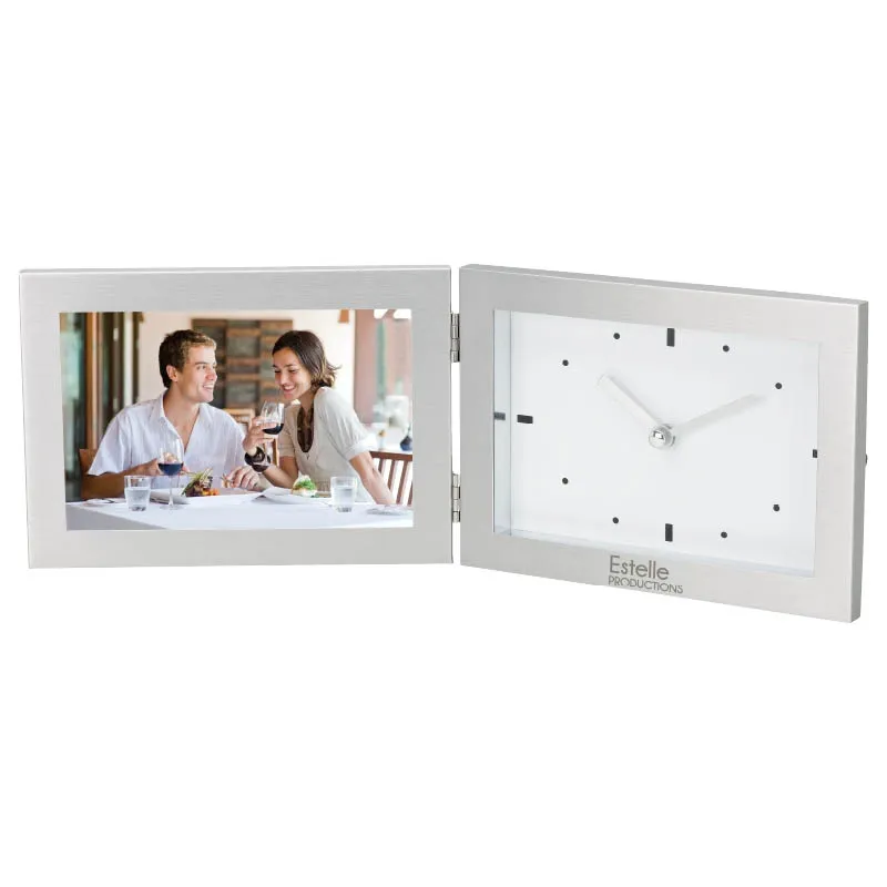 Clock Photo Frame Brushed Aluminum Desktop - 6 x 4 in - product view 2