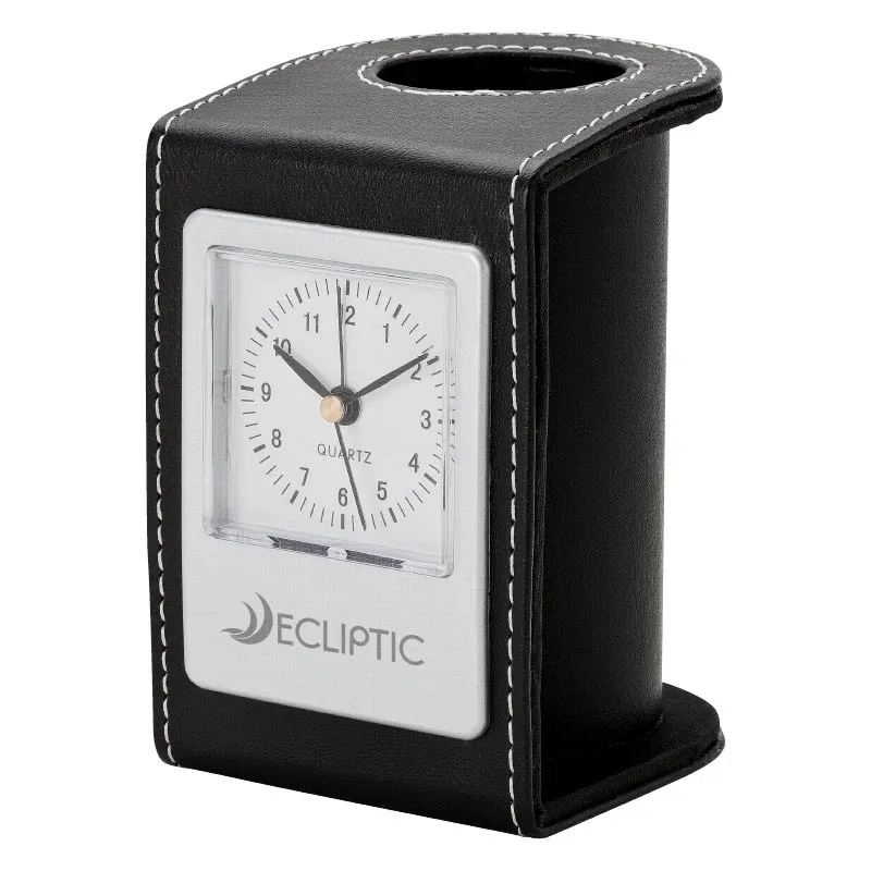 Desk Clock Pen Cup Leatherette Alarm - 2 3/4 x 4 1/4 in - product view 2