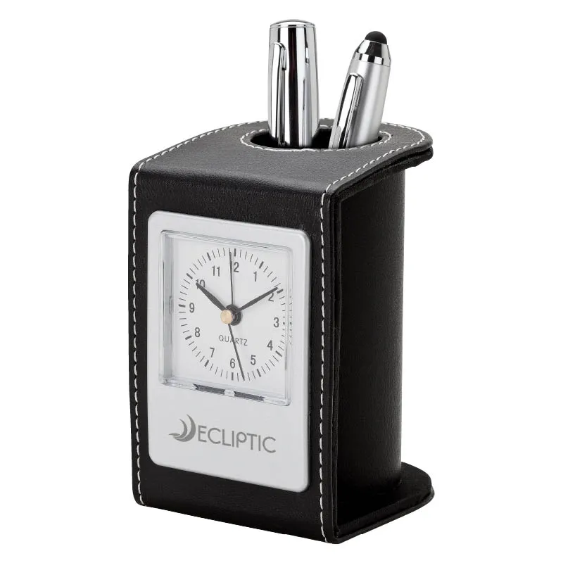 Desk Clock Pen Cup Leatherette Alarm - 2 3/4 x 4 1/4 in - product view 3
