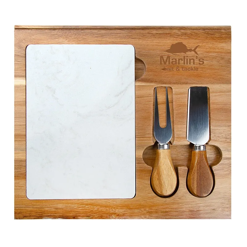 Cheese Board Set Acacia Wood with Marble Serving Tray - 4 Piece