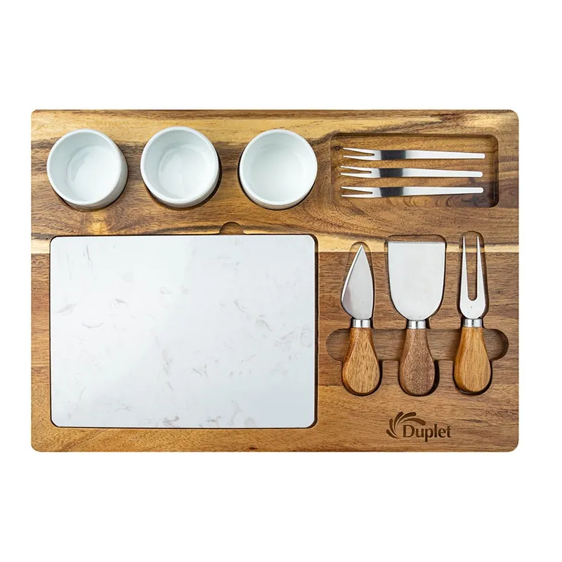Cheese Board Set Acacia Wood with Ceramic Cups - 11 Piece
