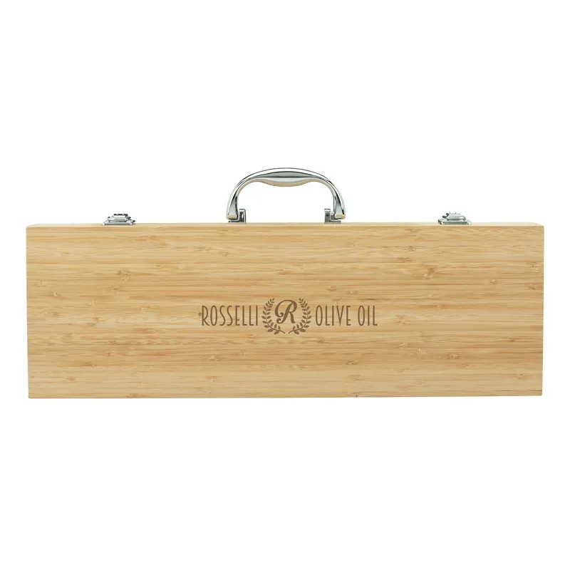 BBQ Tool Set with Bamboo Case and Steel Tools - 5 Piece