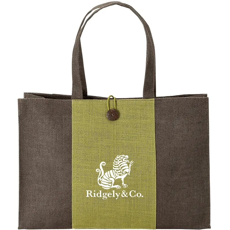 Custom Tote Bag Jute Two-Tone Wood Button Closure - 16.75 x 11.75 in