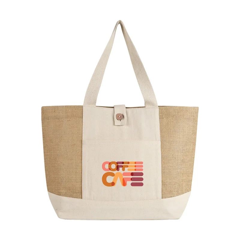 Custom Tote Bag Jute Cotton Shopper Button Closure - 13.75 x 13.4 in