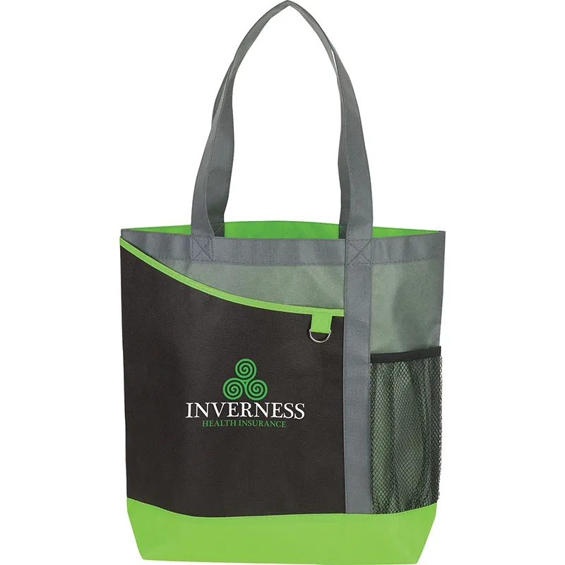 Custom Tote Bag Tri-Tone with Mesh Bottle Pocket - 15.75 x 14.5 in