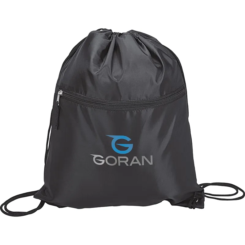 Drawstring Bag 210D with Front Zip Pocket - 12.5 x 15.5 in