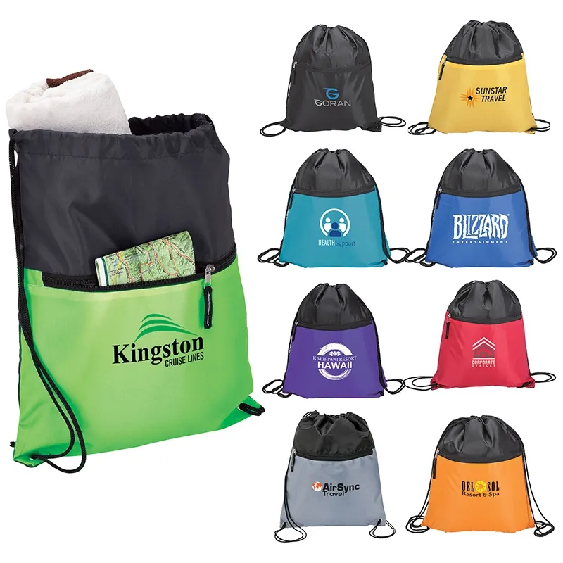 Drawstring Bag 210D with Front Zip Pocket - 12.5 x 15.5 in - product view 3