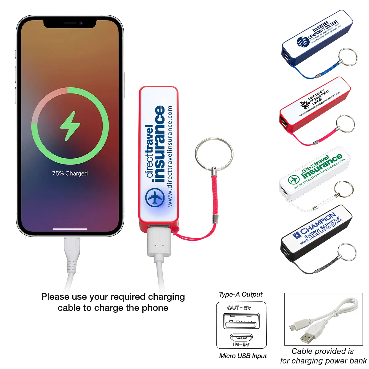 Power Bank 2200 mAh UL Listed Plastic Portable - 3.75 x 1 in