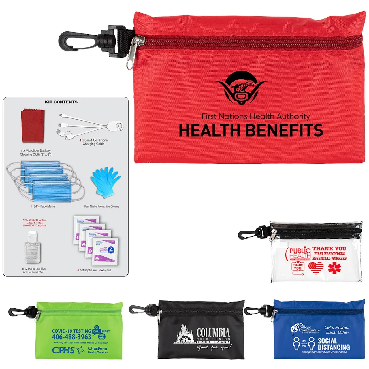 First Aid Kit Protection Pack Carabiner Zipper - 7.5 x 5 in (12 Pack)