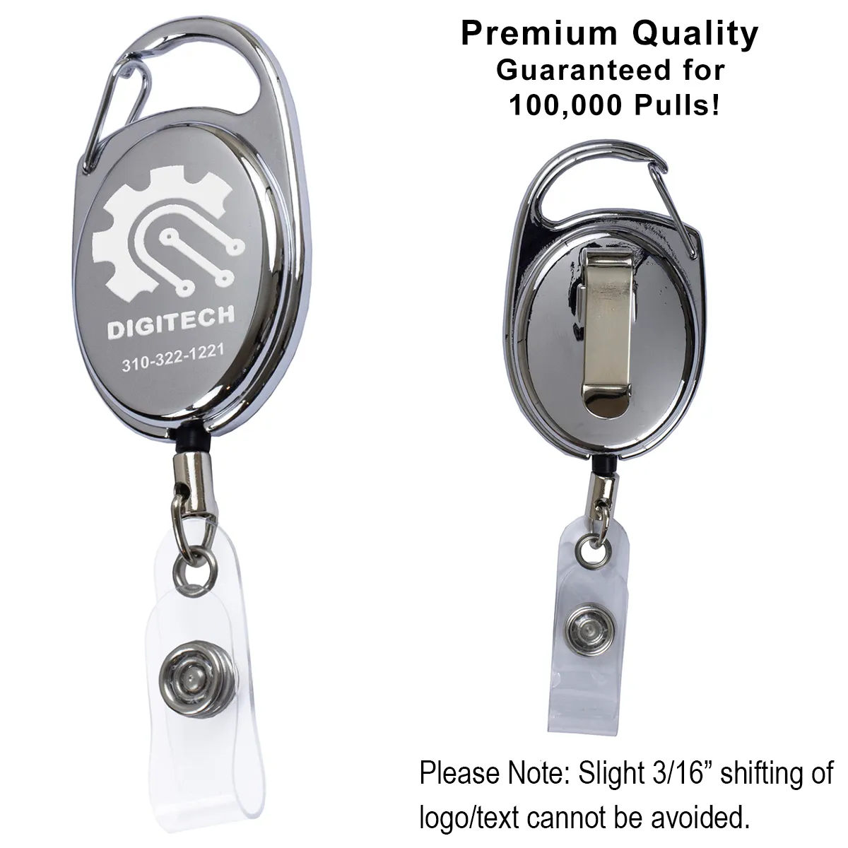 Badge Reel Retractable Chrome Metal Laser Engraved - 1.375 x 2 in