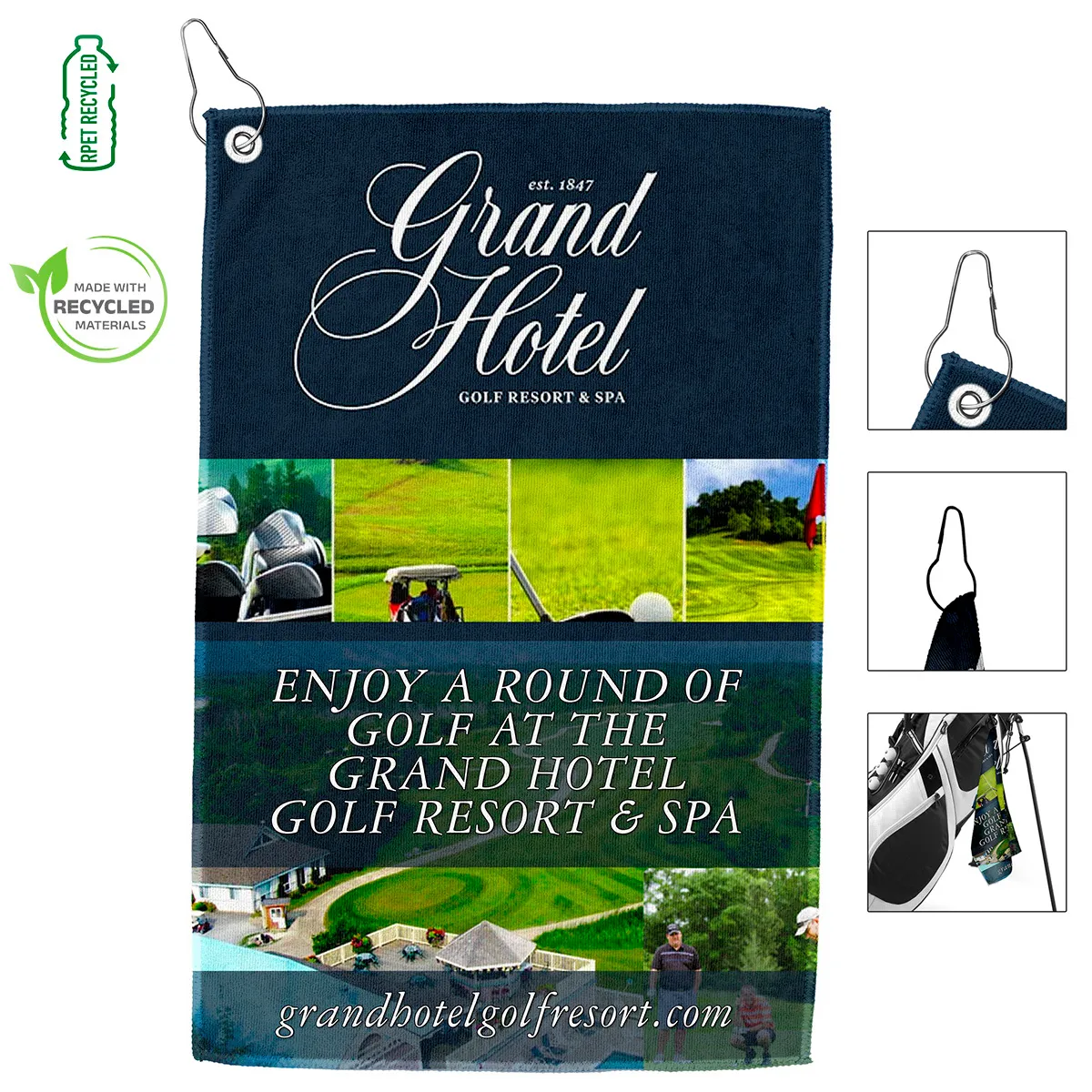 "THE IRON" Full Color Sublimation Recycled RPET 300 GSM Golf Towel with Metal Grommet and Clip - 12" W x 18" H - product view 1