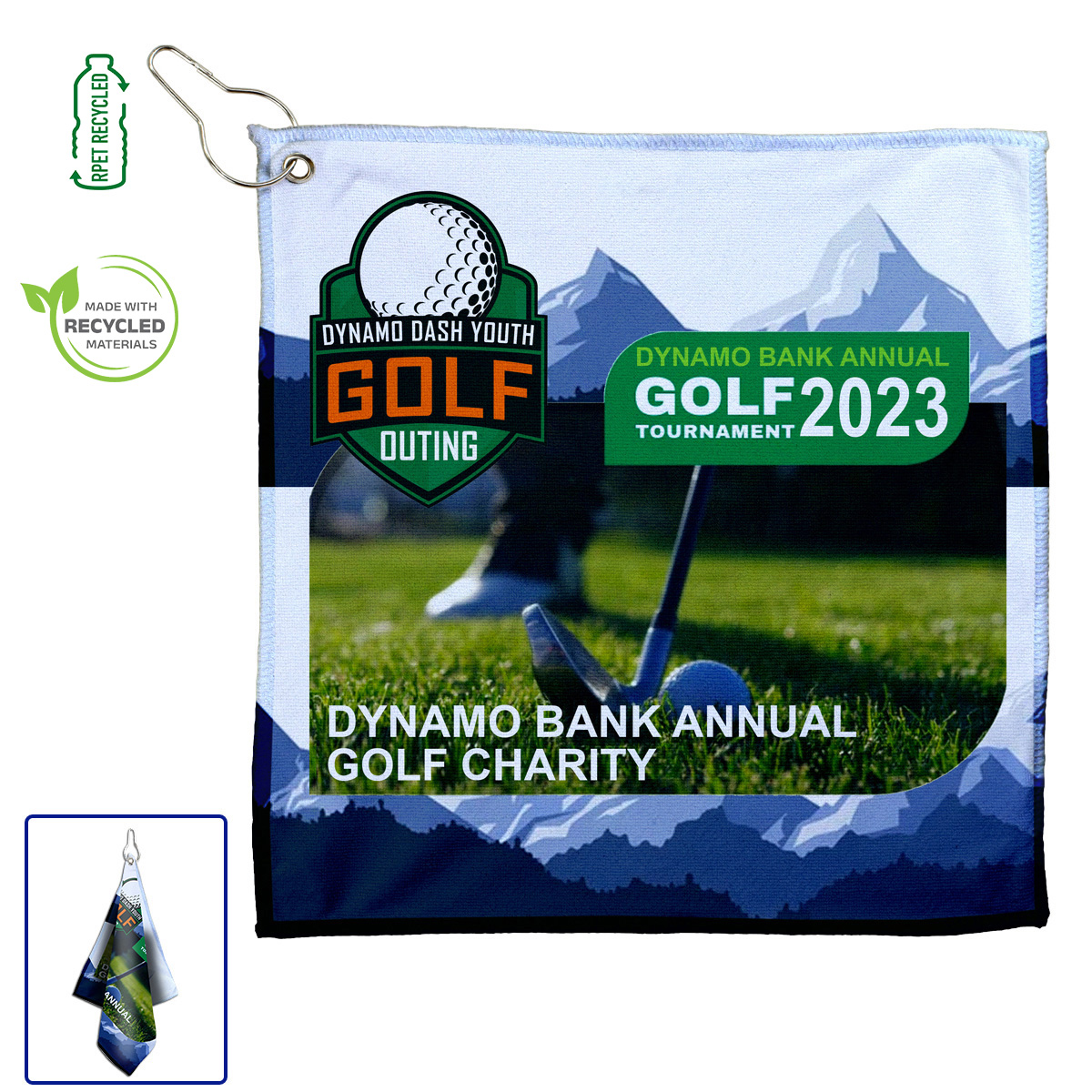 "THE WEDGE" Full Color Sublimation Recycled RPET 300 GSM Heavy Duty Golf Towel – 12” W x 12” H - product view 1