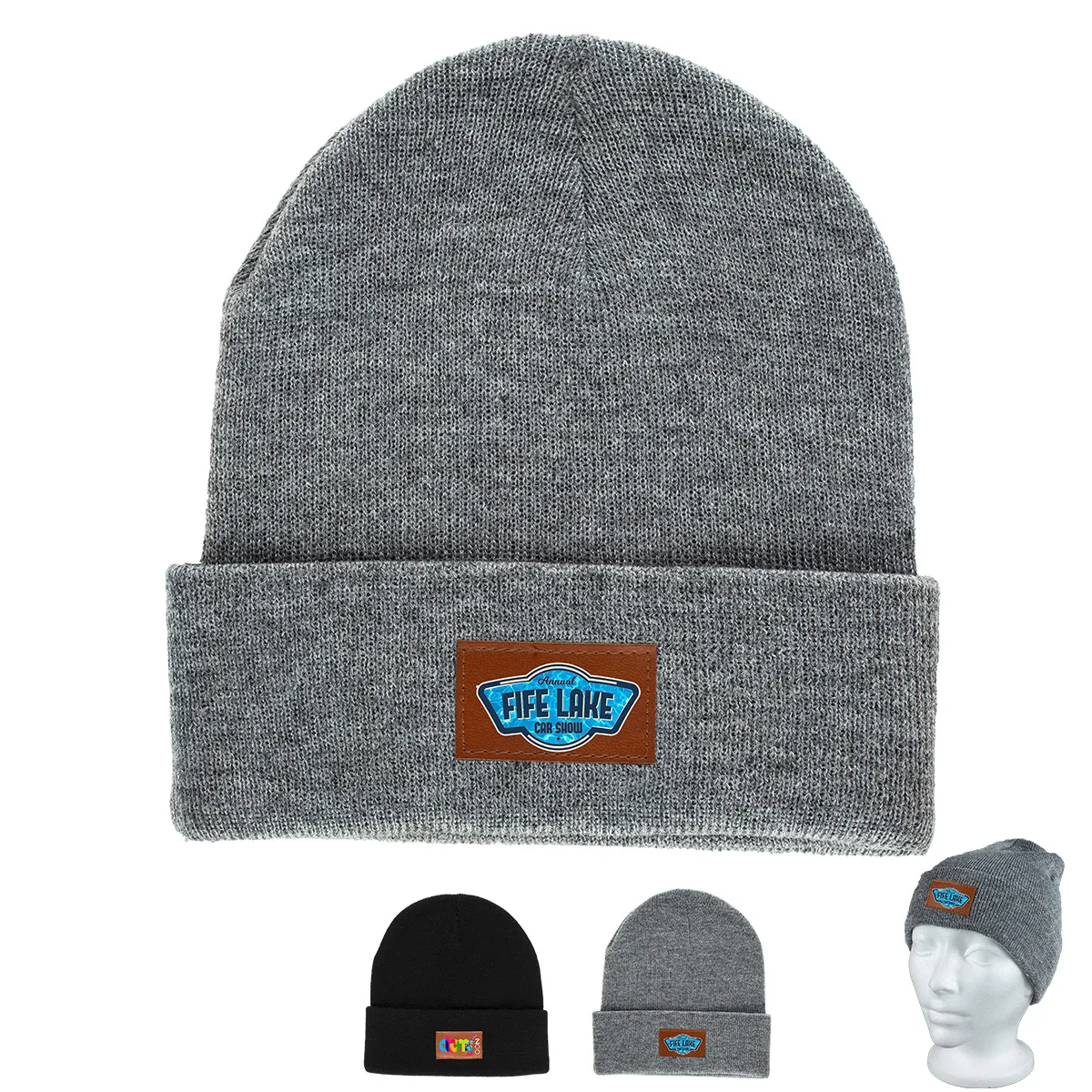 Knit Beanie Cuffed Acrylic Faux Leather Patch - 8 x 7 in