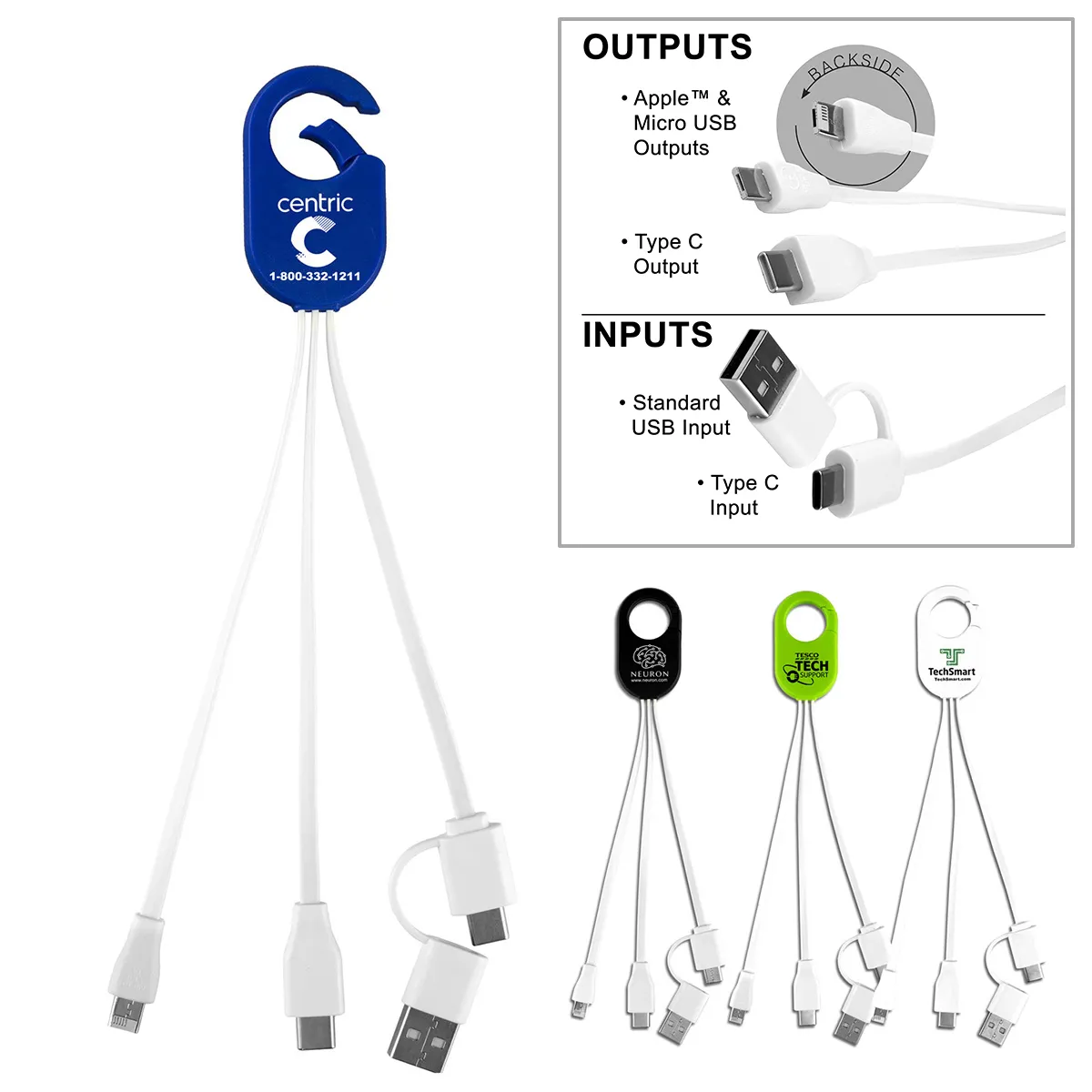5-in-1 Charging Cable with Carabiner Silicone - 8.5 in