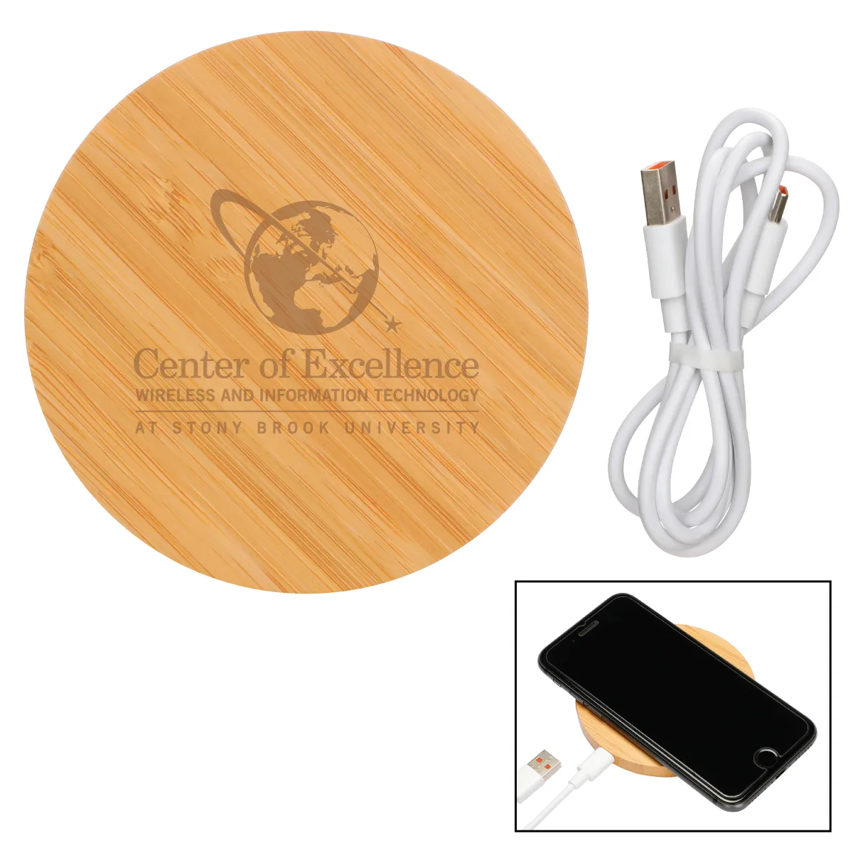 Wireless Charging Pad Bamboo Qi 15W Round - 3.5 in Dia