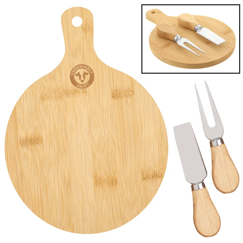 Mini Bamboo Cheese Board Handle 2 Knives - 6.25 x 9 in