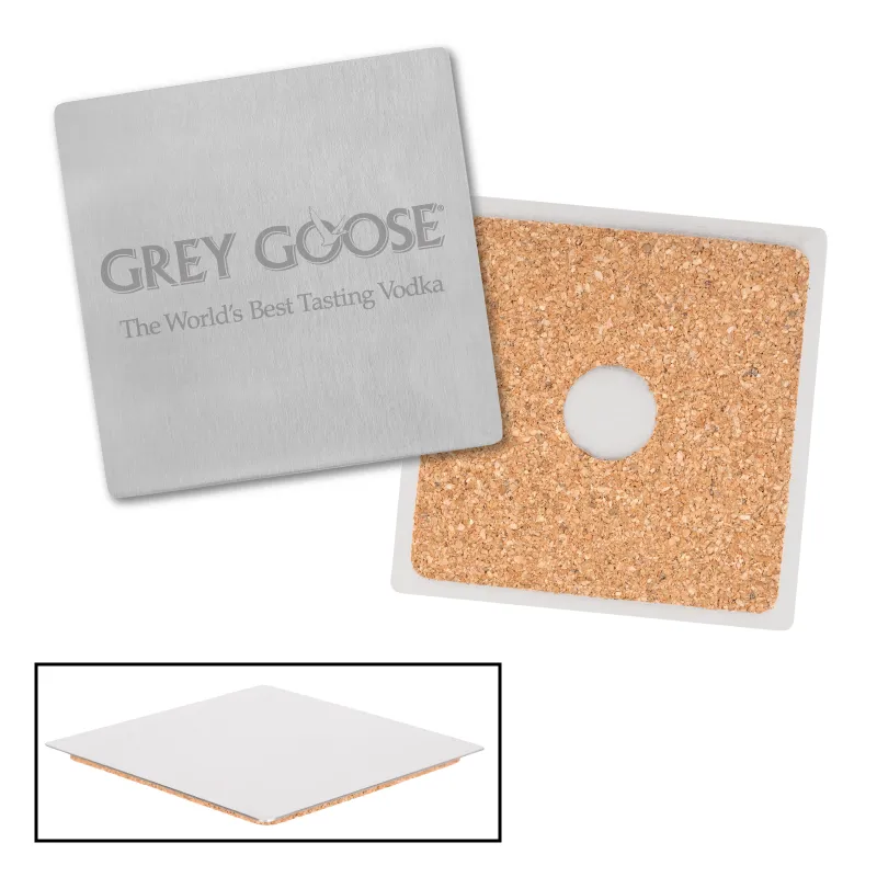 Stainless Steel Coaster Square Brushed Cork Base - 3.4 in
