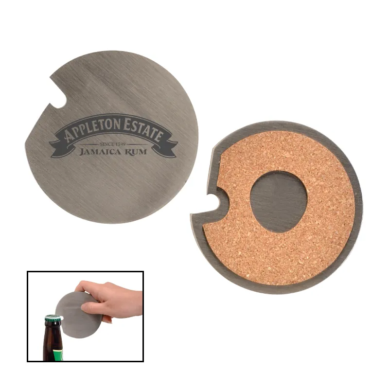 Bottle Opener Coaster Stainless Steel Cork Base - 3.25 in