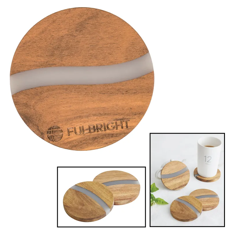 Acacia Wood Resin Coaster Laser Engraved - 4 in Dia