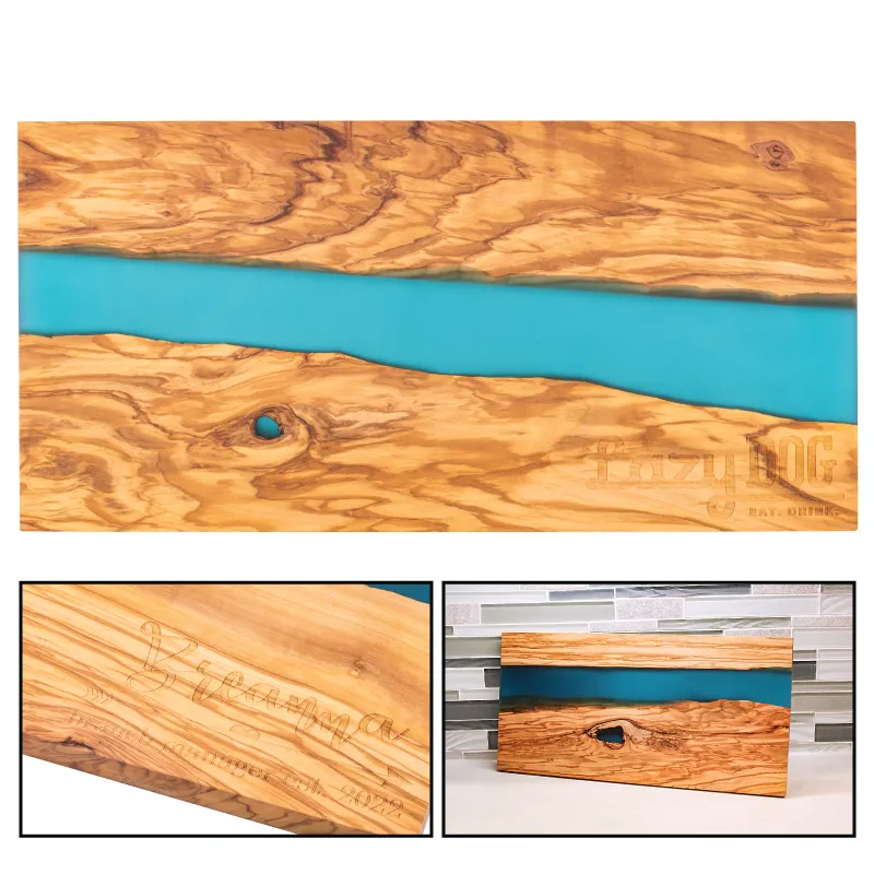 Long Olive Wood Cutting Board Blue Resin Narrow - 16.13 x 7.88 in