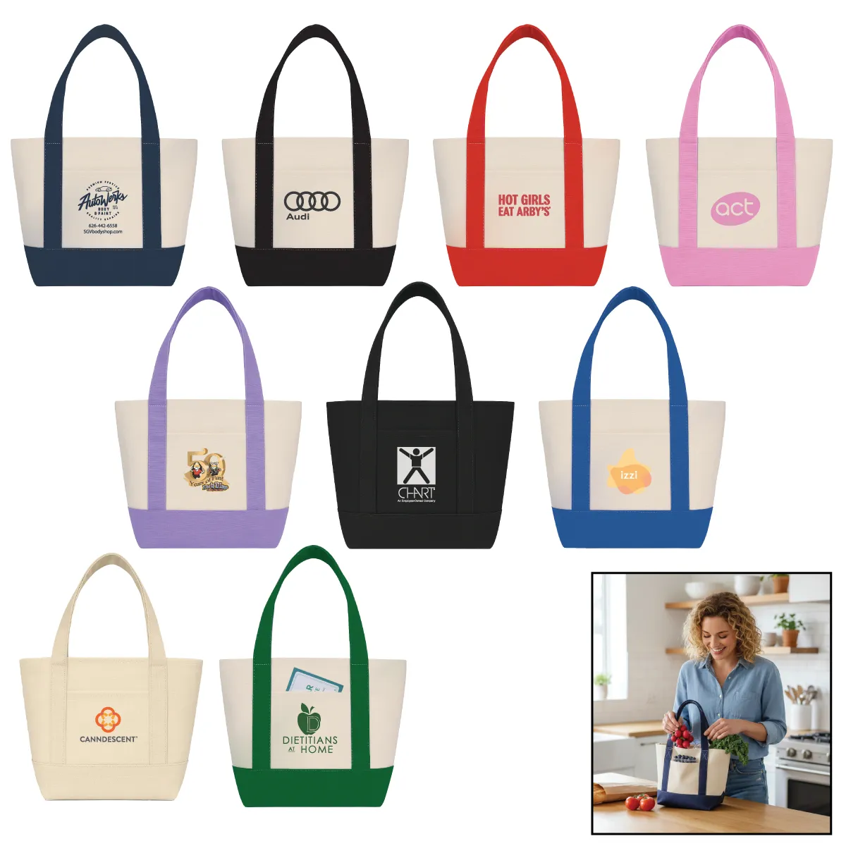 Custom Mini Tote Bag Canvas 14 oz with Slip Pockets - 13 x 11 in