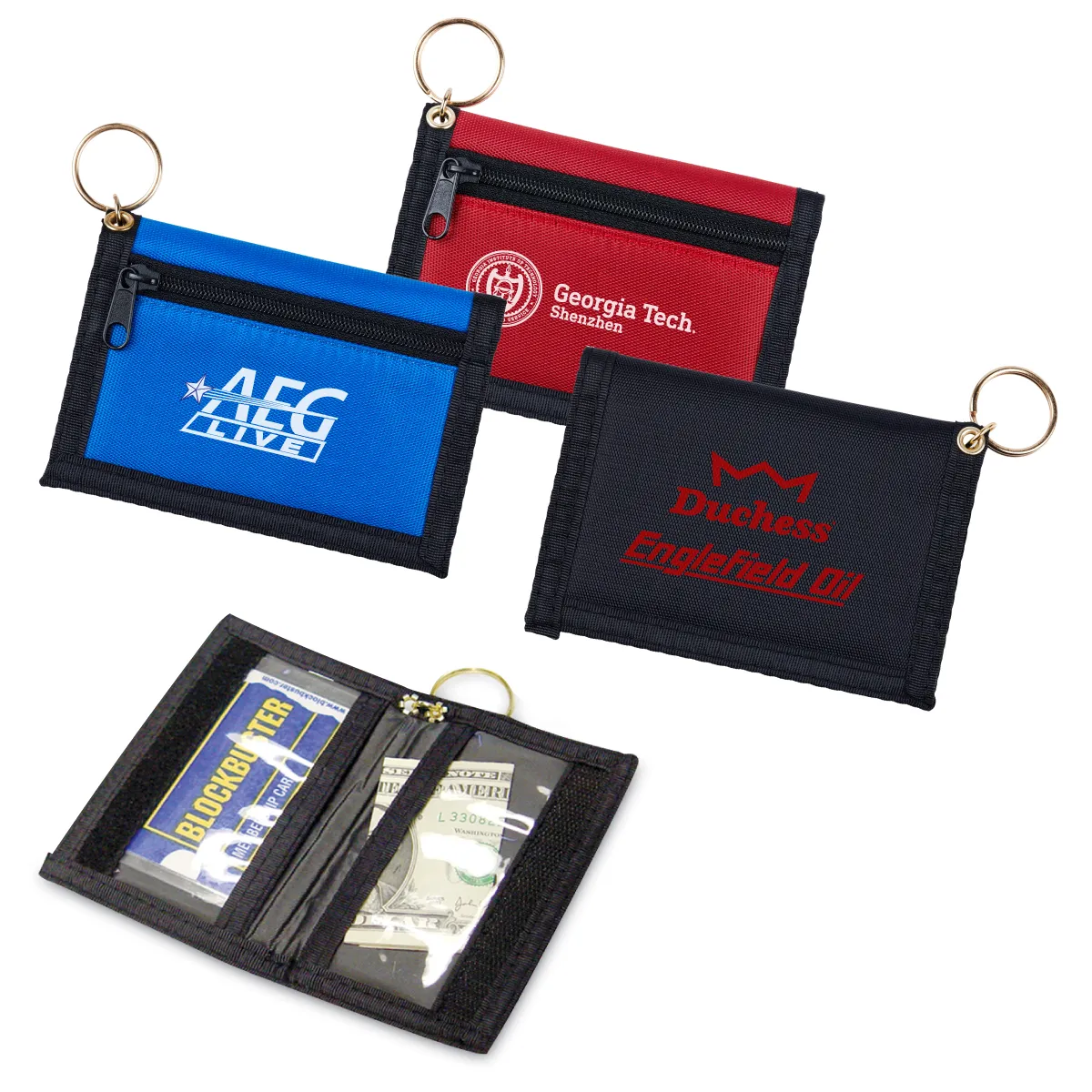 Keyring Wallet Nylon Clear Pockets Hook Loop - 4.5 x 3 in