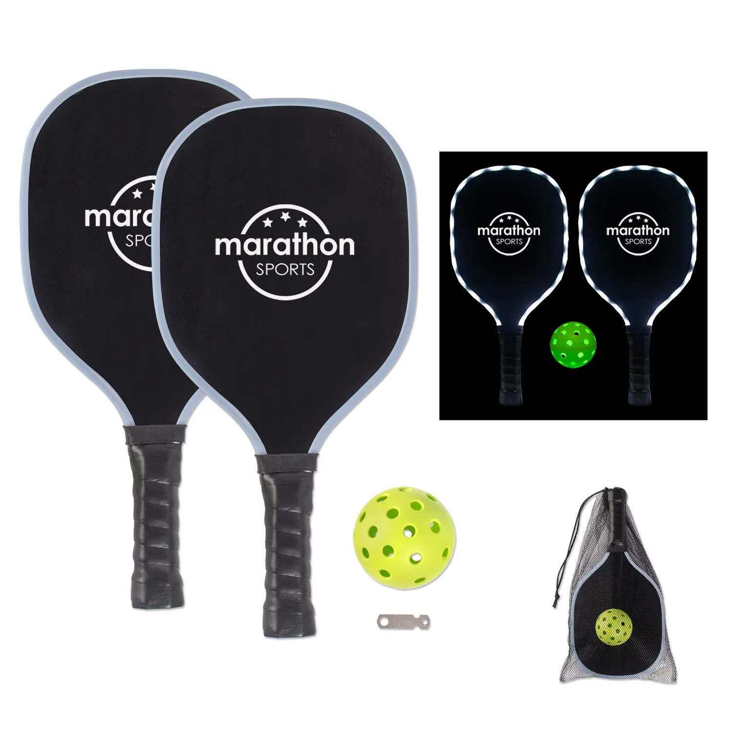 LED Pickleball Set Glow Dark Ball Mesh Bag Included