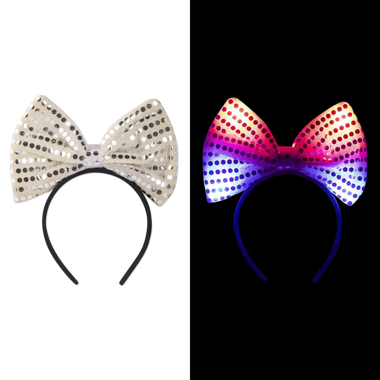 LED Sequin Bow Headband Silver Light Up One Size