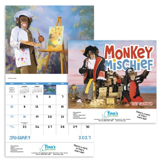 Monkey Mischief Wall Calendar Stapled FSC Paper - 19 x 11 in