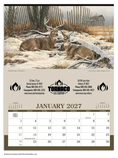Wildlife Art Wall Calendar FSC Certified Large Format - 23 x 17 in