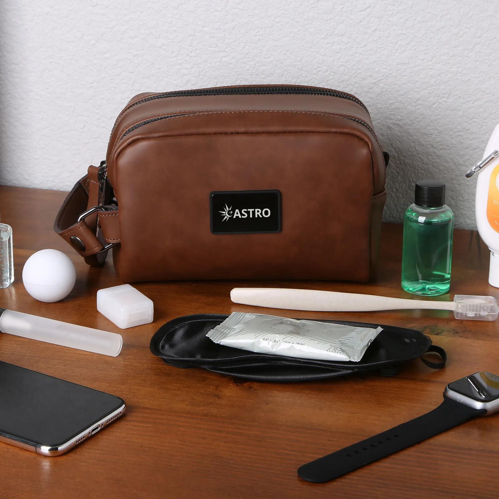 Leather Dopp Kit with Dual Metal Zippers - 7.5 x 5 in