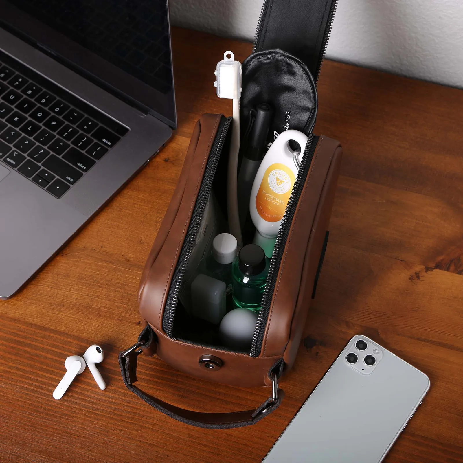 Leather Dopp Kit with Dual Metal Zippers - 7.5 x 5 in - product view 4