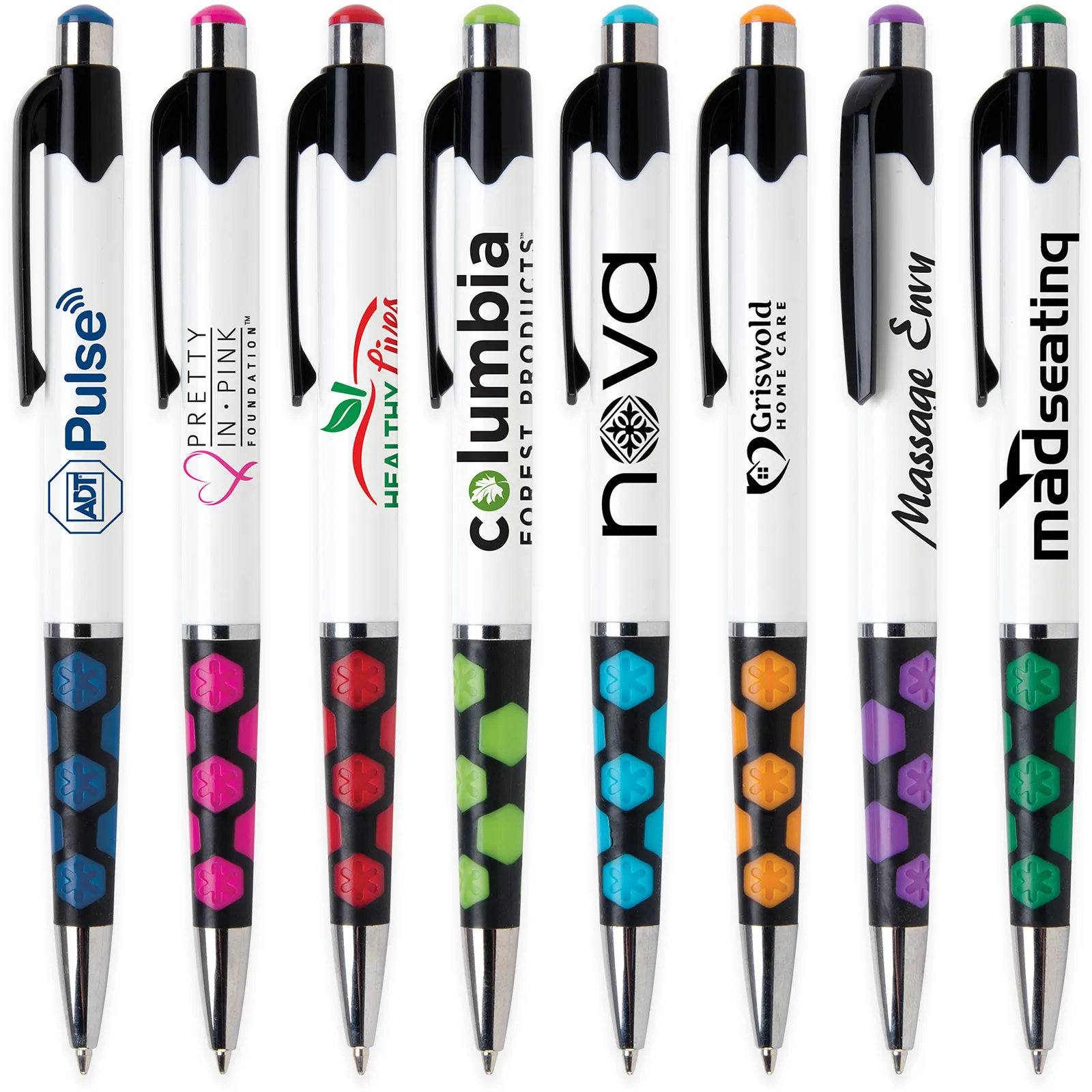 Ballpoint Pen with Hexagon Grip Pattern and White Barrel