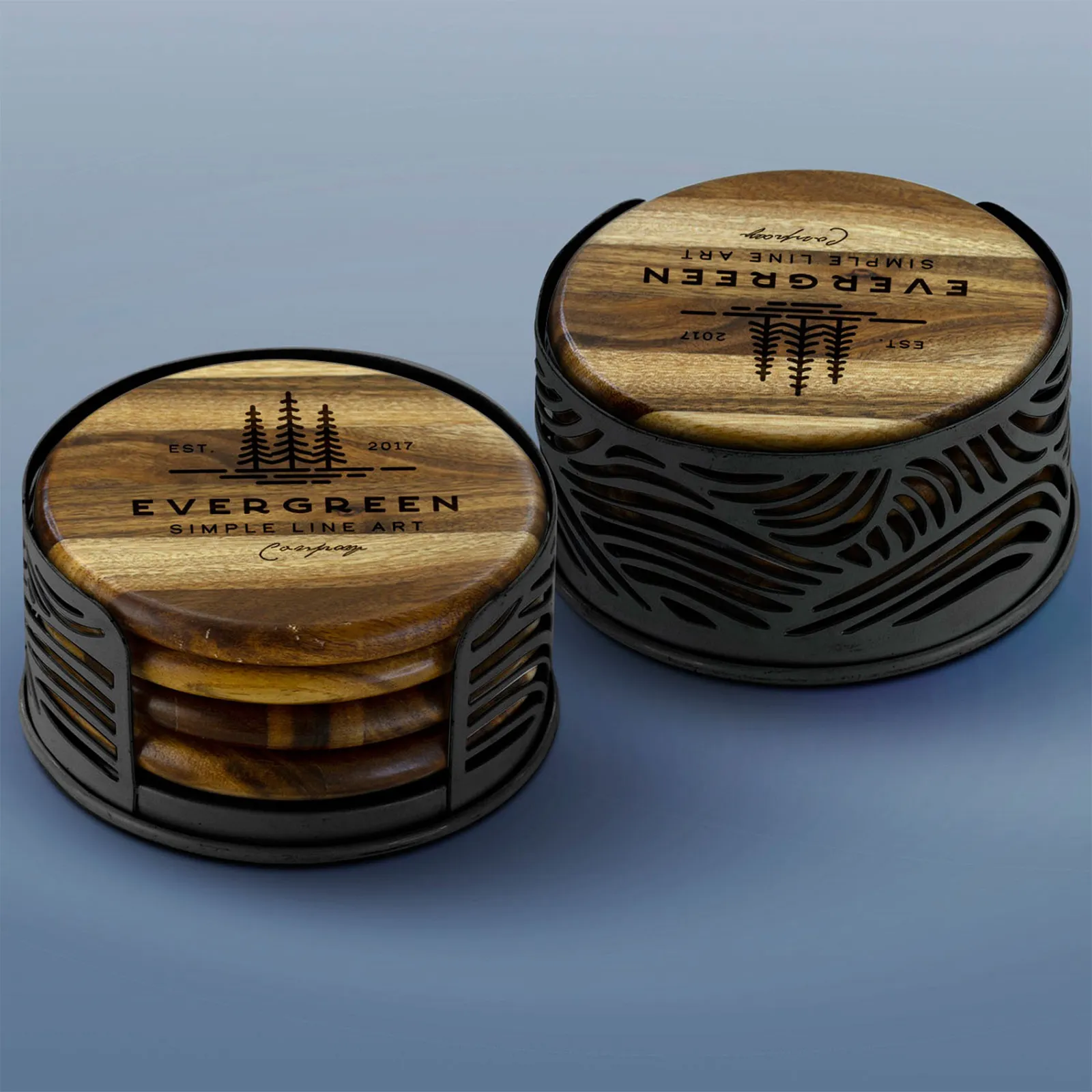 Coaster Set Acacia Wood Round with Stand (4 Pack)