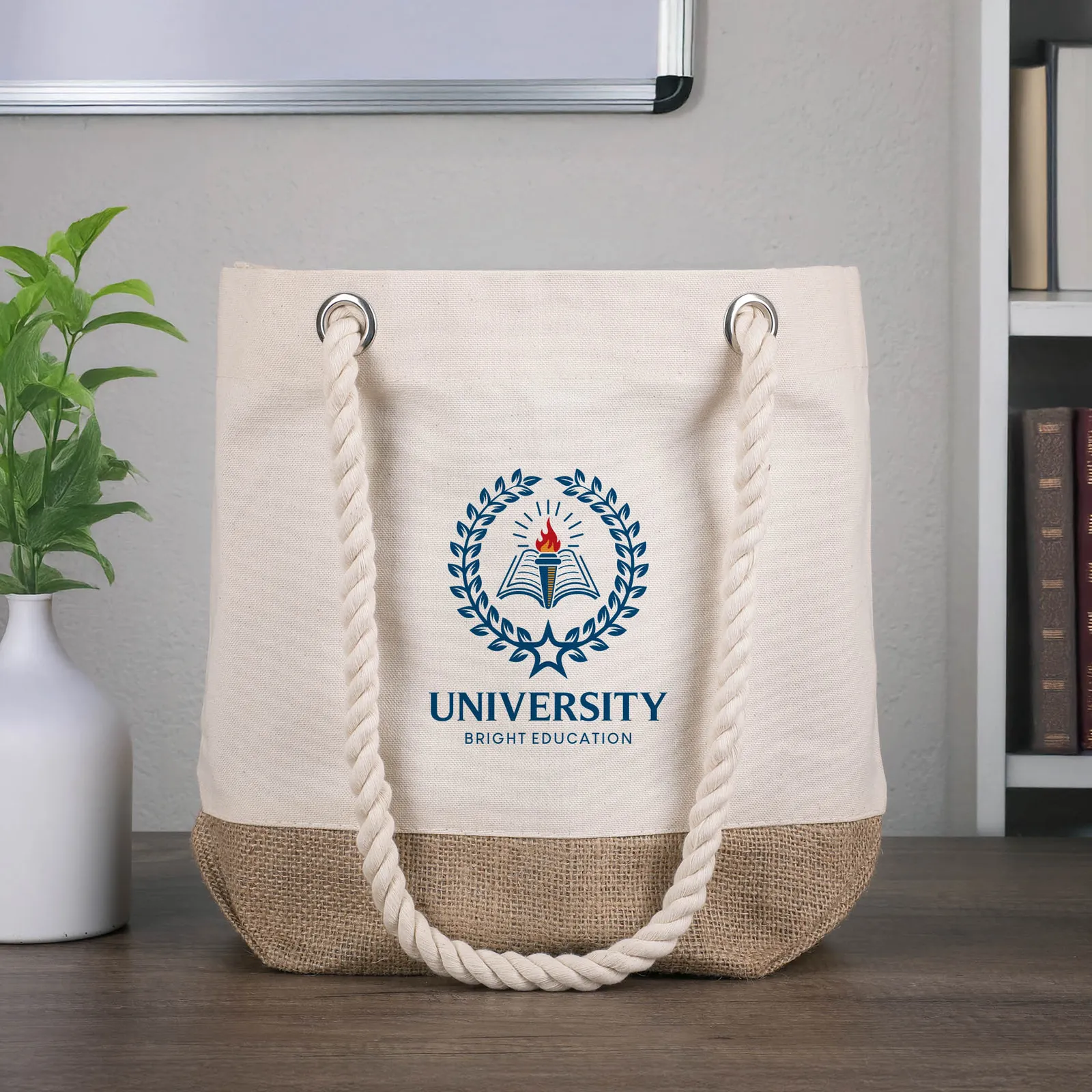 Custom Tote Bag Cotton Canvas with Jute Bottom - 15.25 x 12 in
