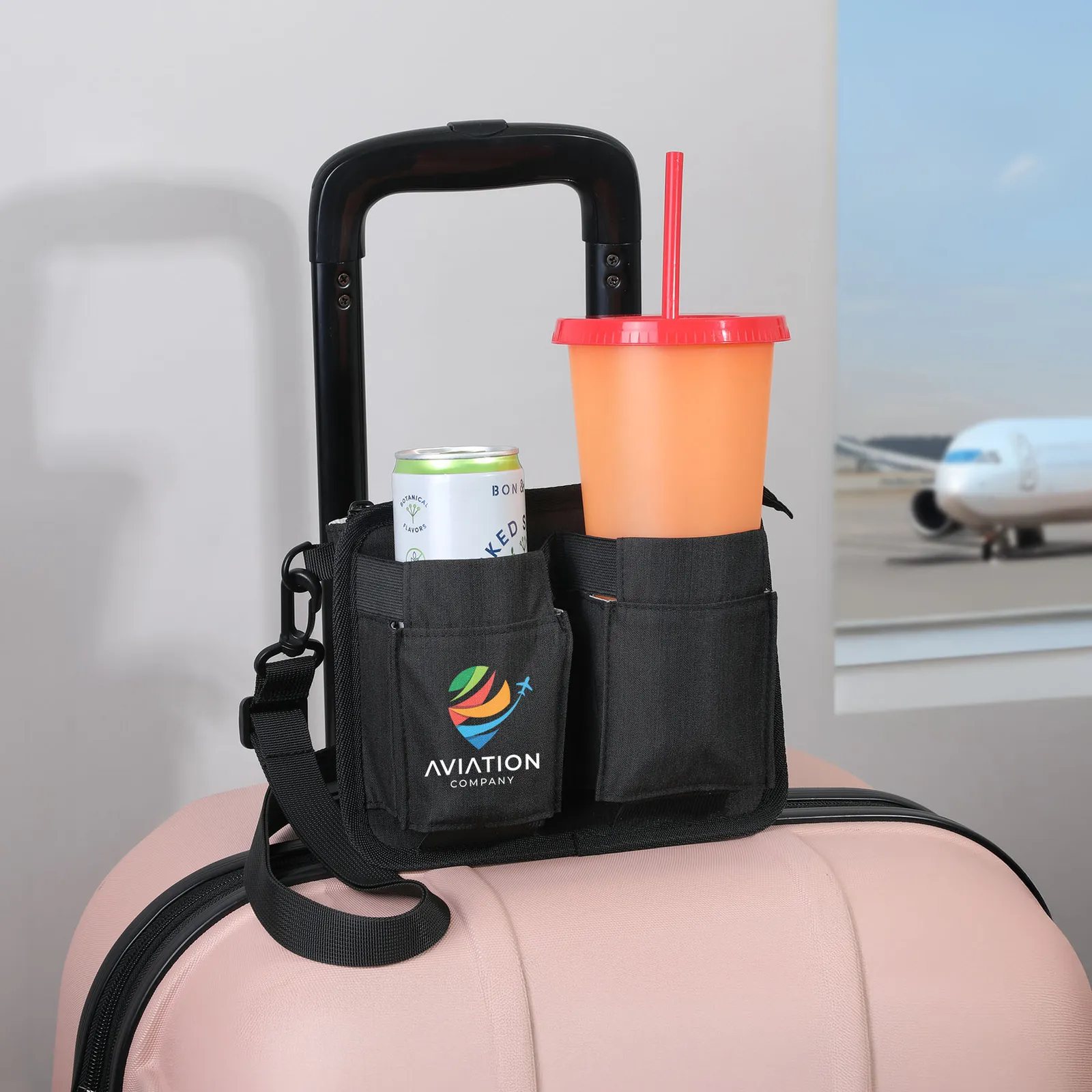Travel Caddy Luggage Handle Cup Holder Zipper Pocket