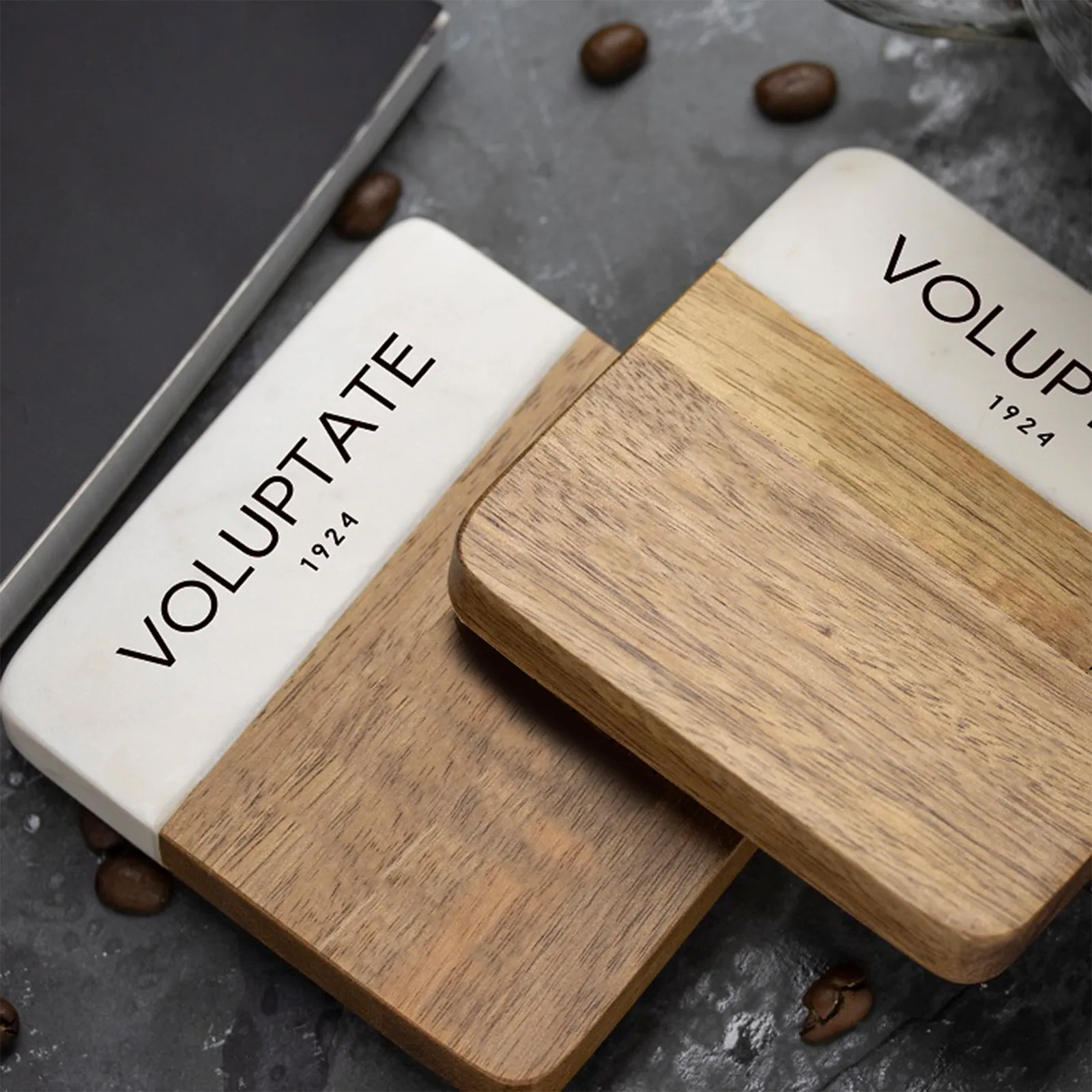 Coaster Set Acacia Wood Marble 2-Piece - 4 x 4 in