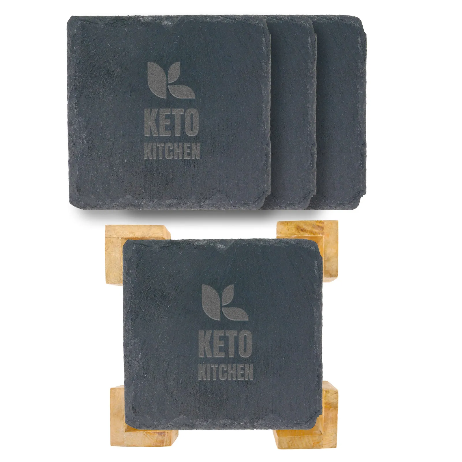 Square Slate Coaster Set with Bamboo Stand (4 Pack)