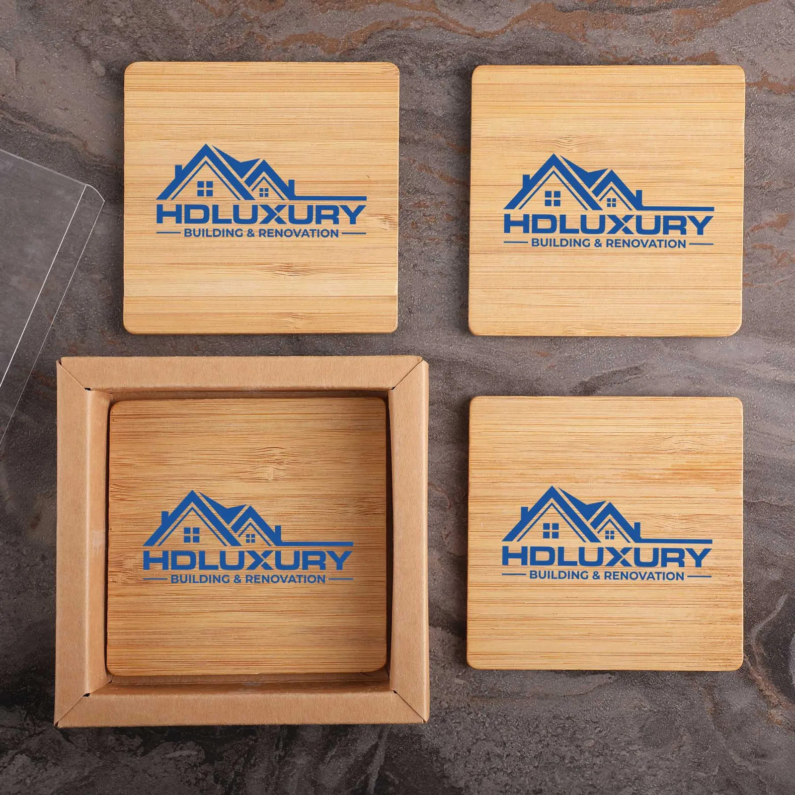 Square Bamboo Coaster Set with Gift Box - 4 Piece