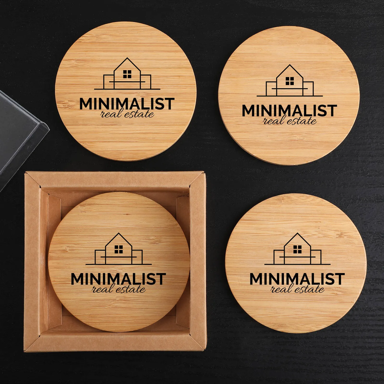 Round Bamboo Coaster Set with Gift Box - 4 Piece