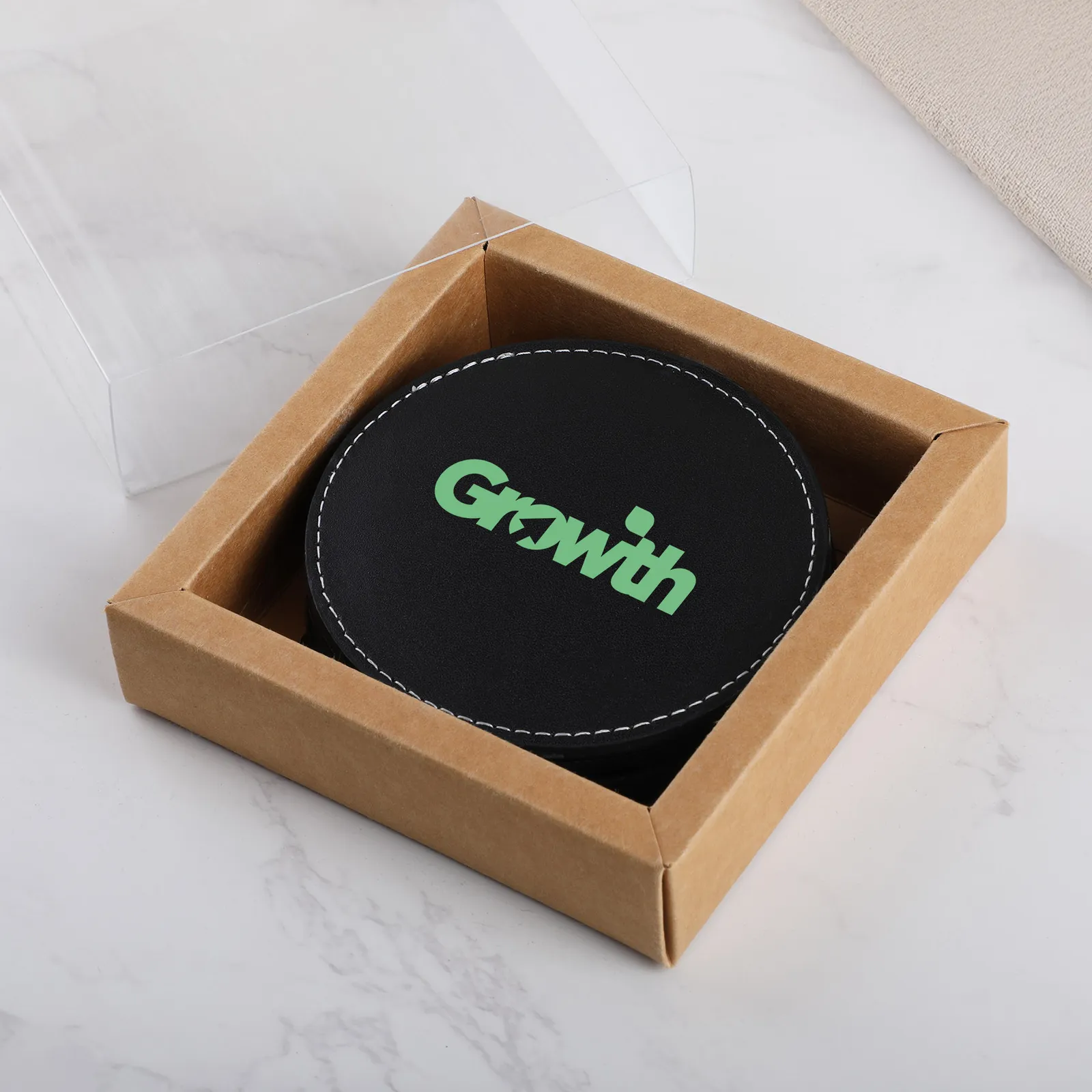 Bonded Leather Coaster Set with Gift Box (4 Pack) - product view 2