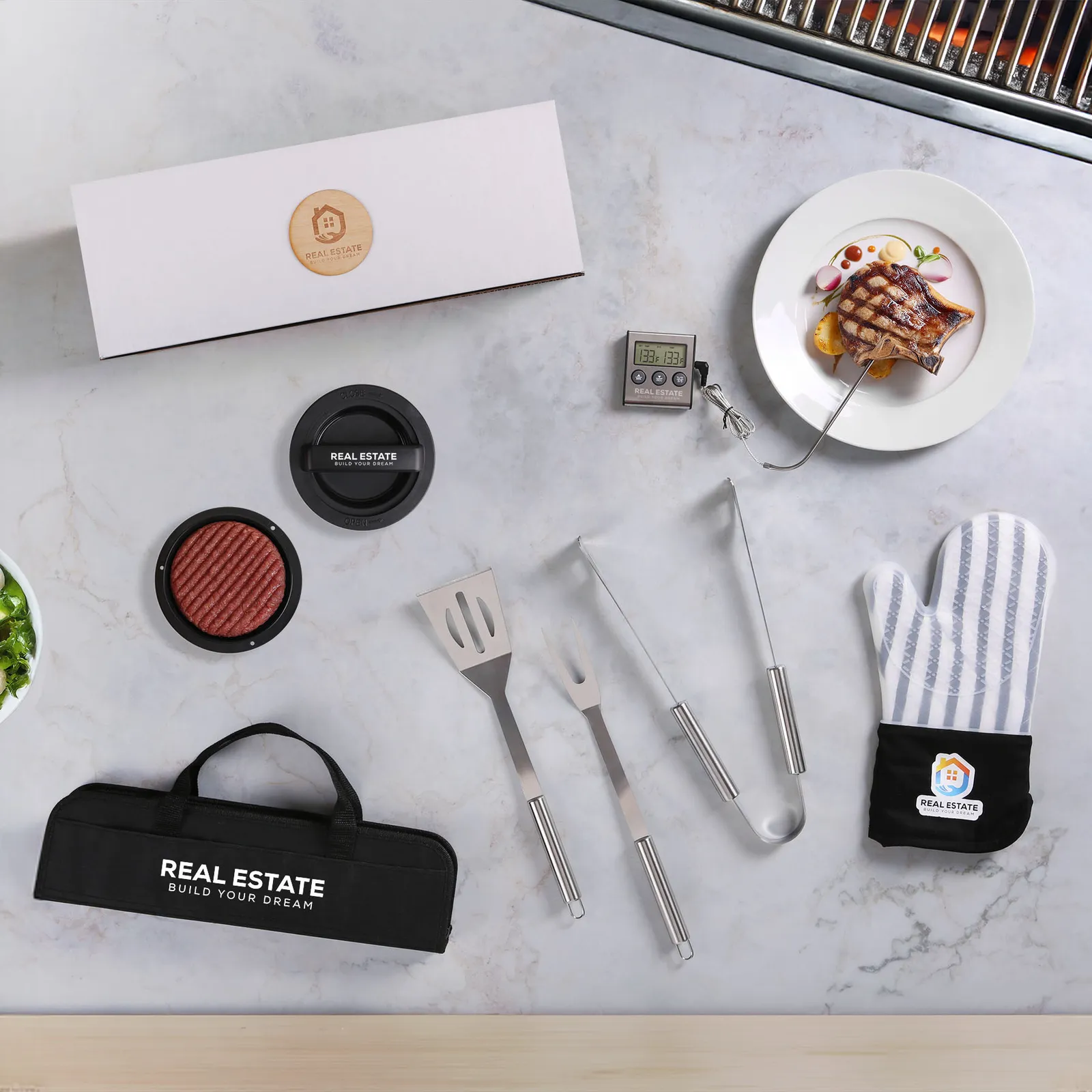 BBQ Kit Deluxe Silicone with Thermometer Timer - 17 x 6 in