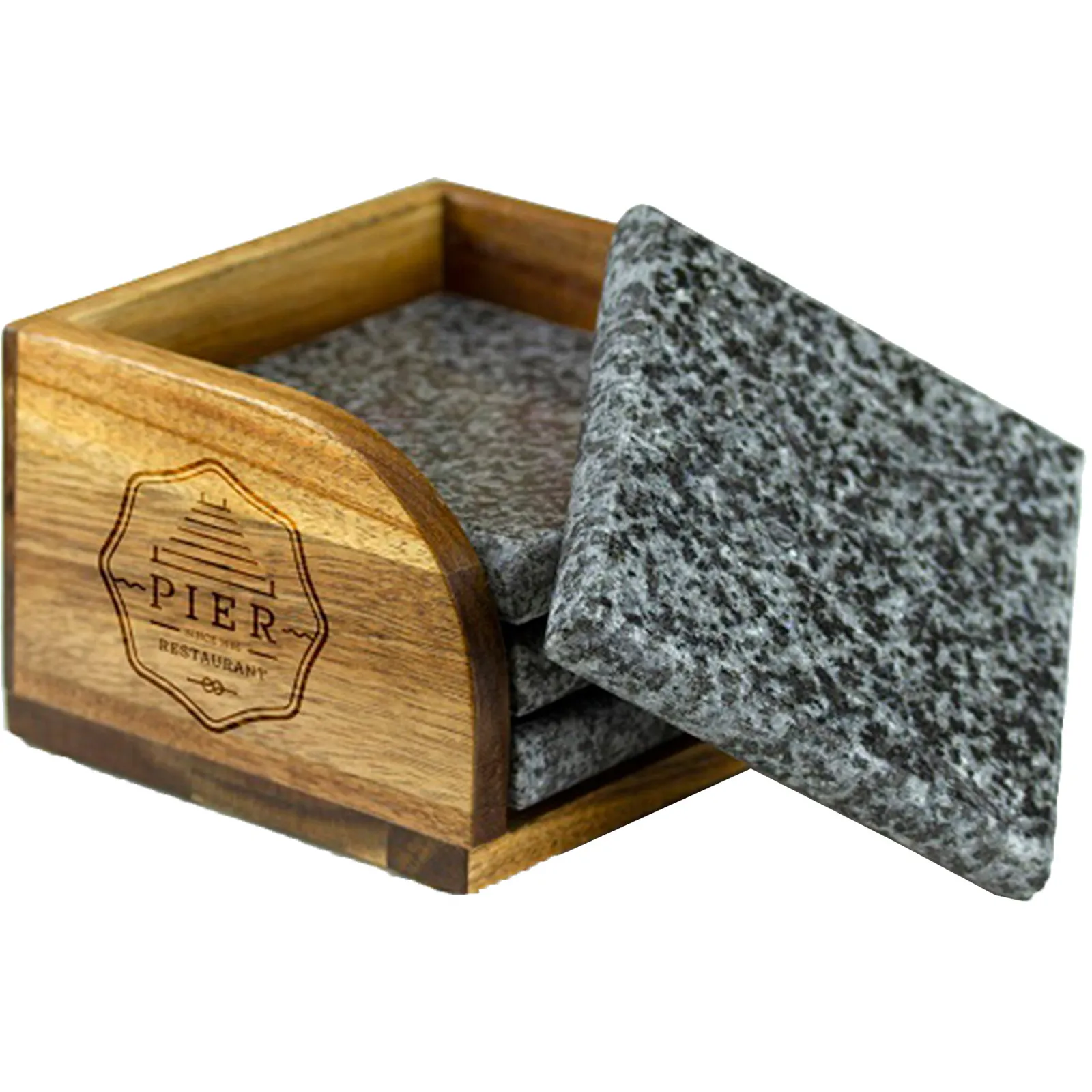 Granite Coaster Set Acacia Wood Stand - 4 Piece