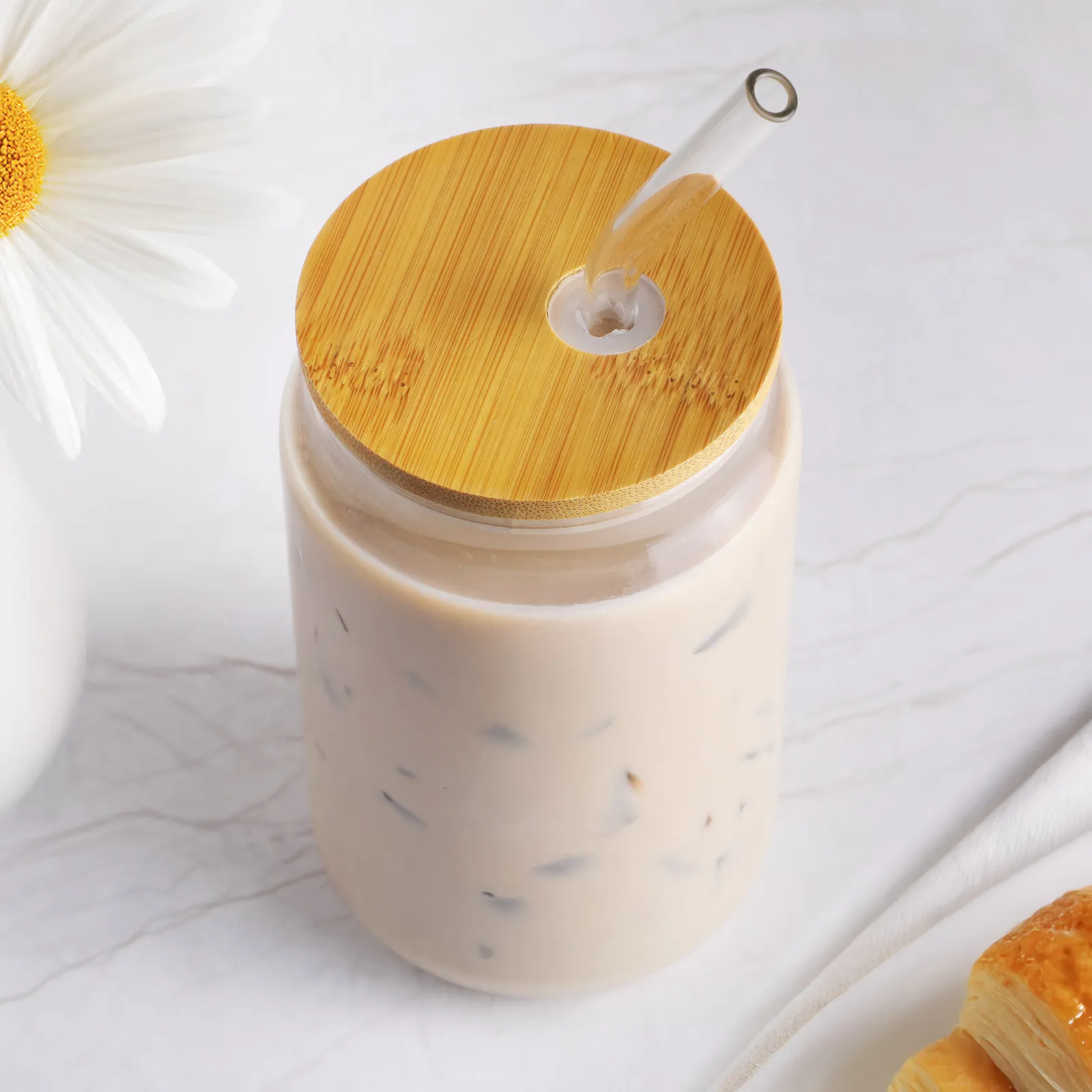 Glass Can Bamboo Lid Straw Soda Shape - 16 oz - product view 2