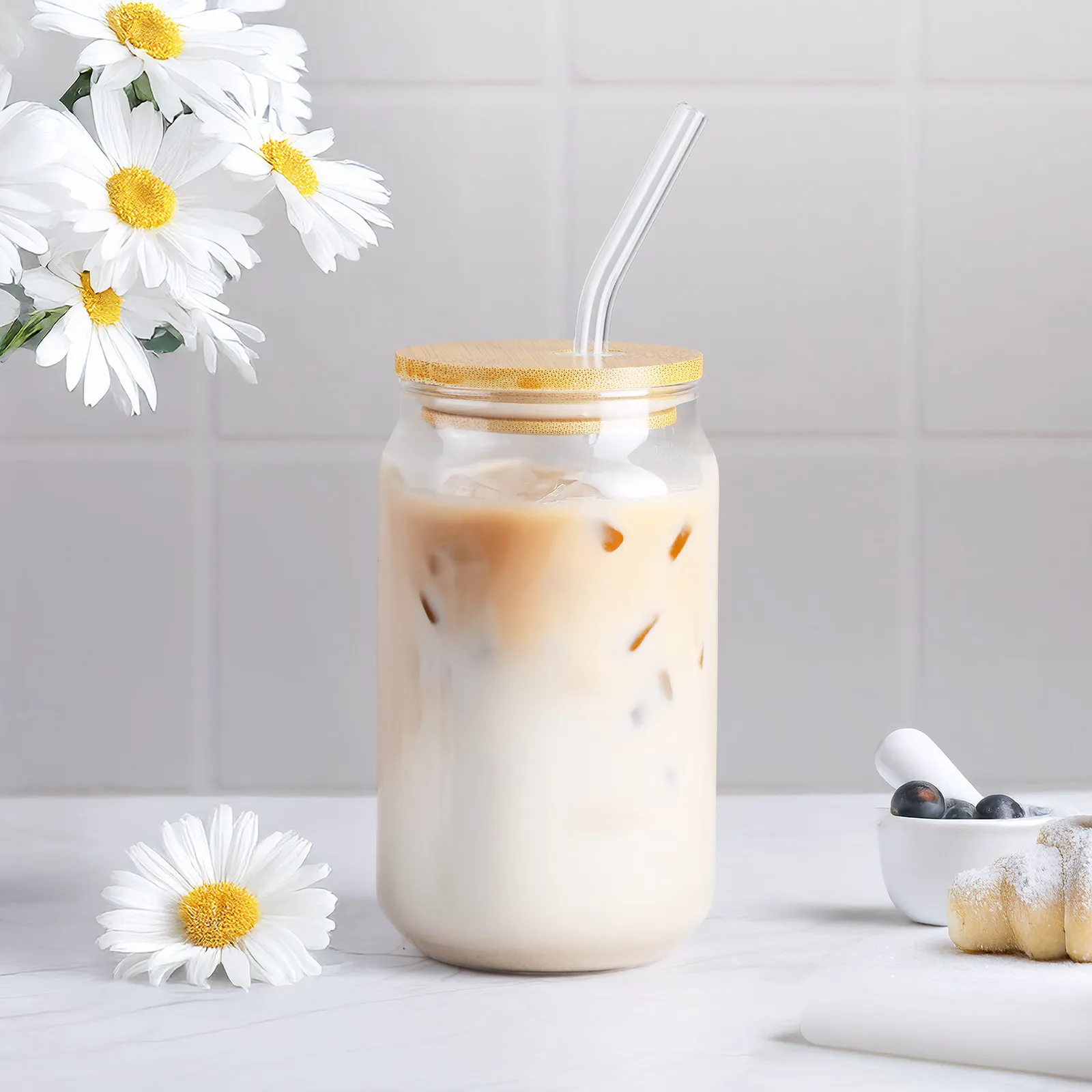 Glass Can Bamboo Lid Straw Soda Shape - 16 oz - blank view 5