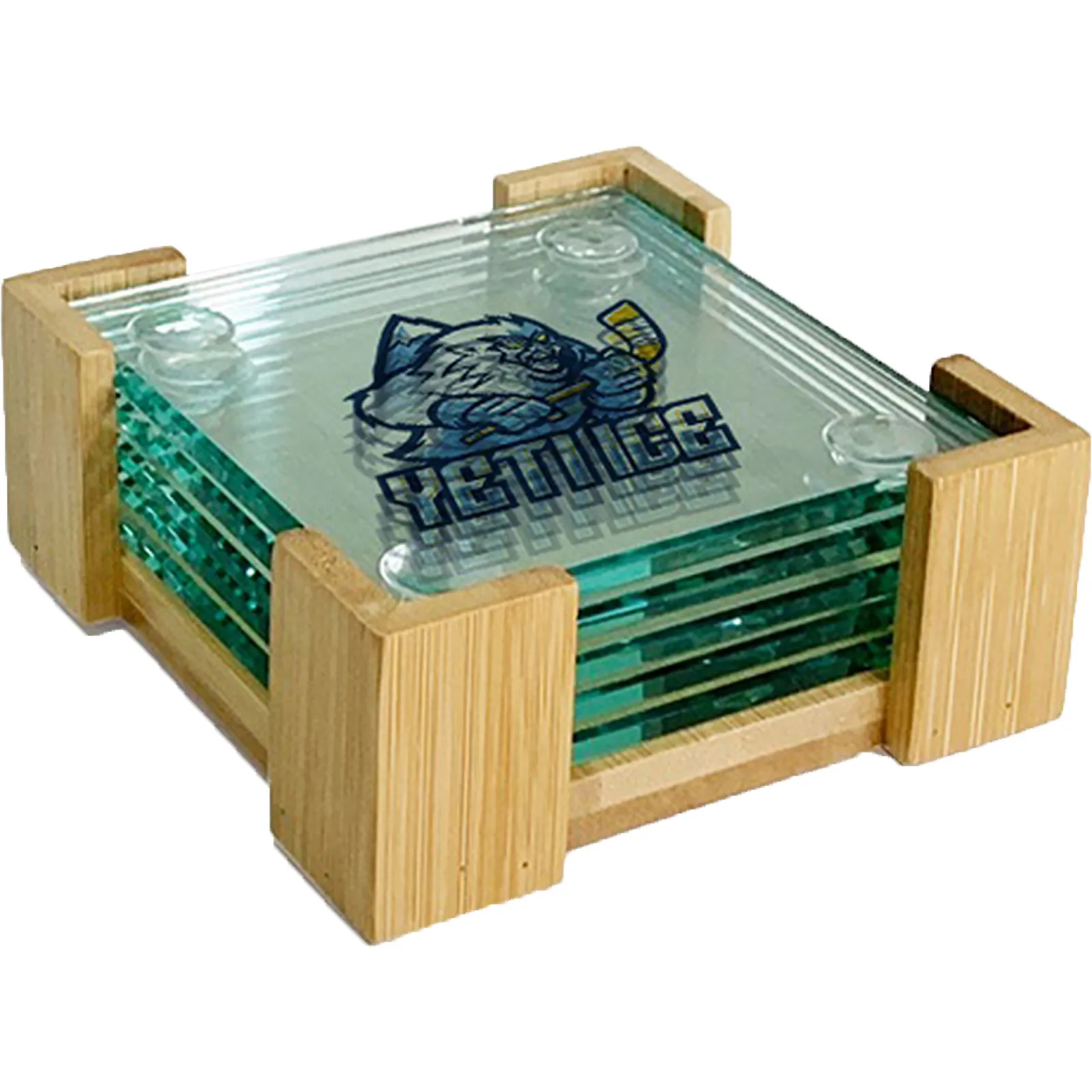 Square Glass Coaster Set Wood Stand - 5 Piece